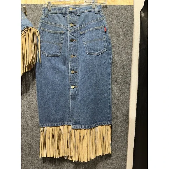 Vintage SapMan Western 80’s Denim Fringe Skirt Midi W/ Poncho Size 5/6 - Picture 8 of 13